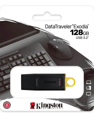 Pen Drive DataTraveler Exodia 128GB Kingston com Conexão USB 3.2, Preto-Amarelo - DTX-128GB - 0002